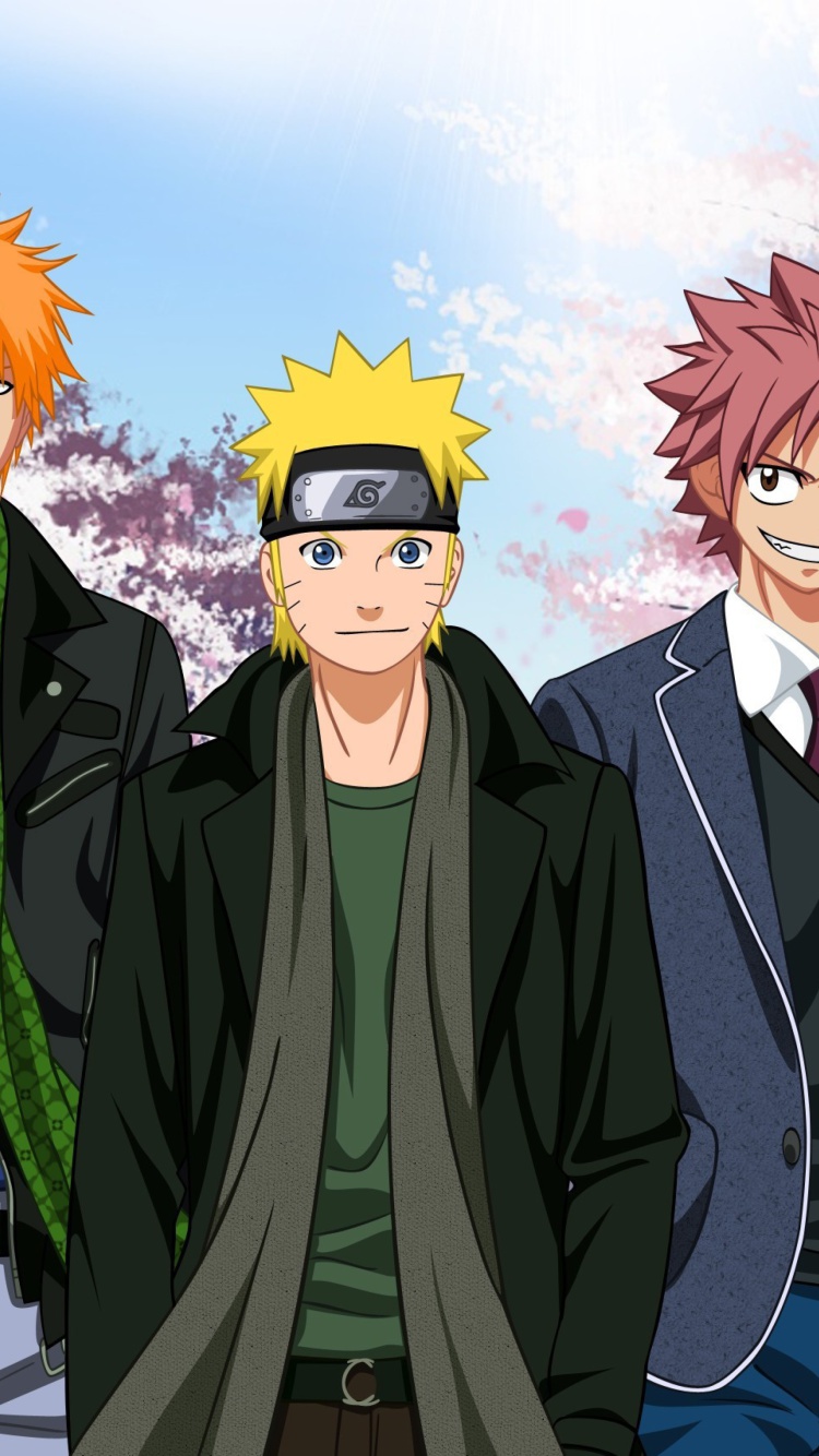 Ichigo Kurosaki, Naruto Uzumaki, Natsu Dragneel, Luffy wallpaper 750x1334