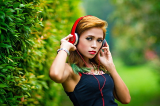 Sweet girl in headphones Background for Android, iPhone and iPad