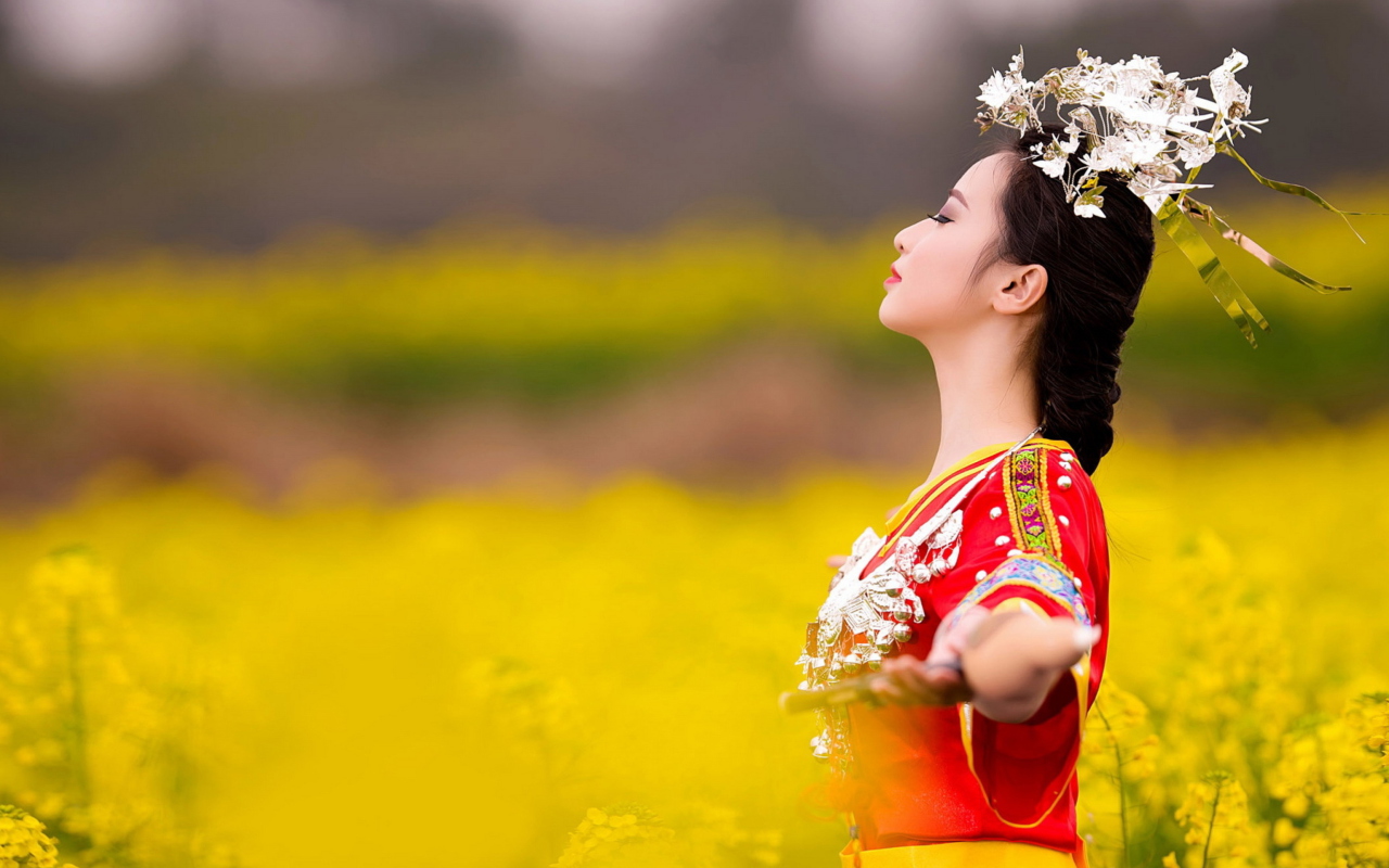 Обои Asian Girl In Yellow Flower Field 1280x800