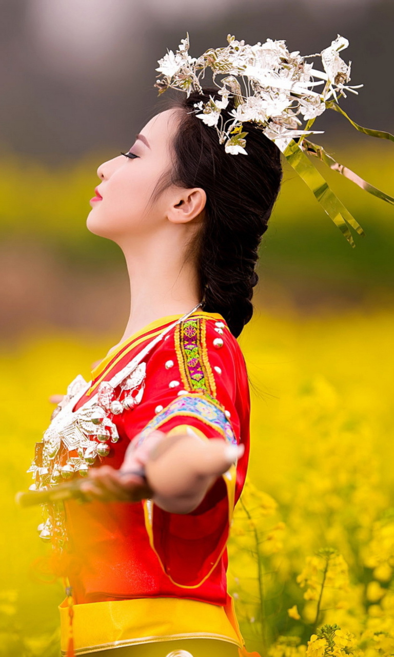 Asian Girl In Yellow Flower Field wallpaper 768x1280