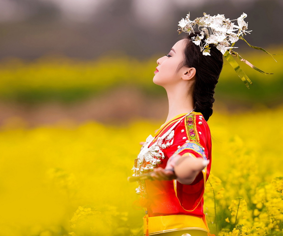 Asian Girl In Yellow Flower Field wallpaper 960x800
