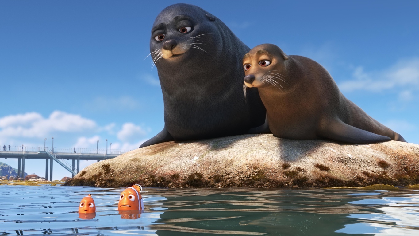 Sfondi Finding Dory with Fish and Seal 1366x768