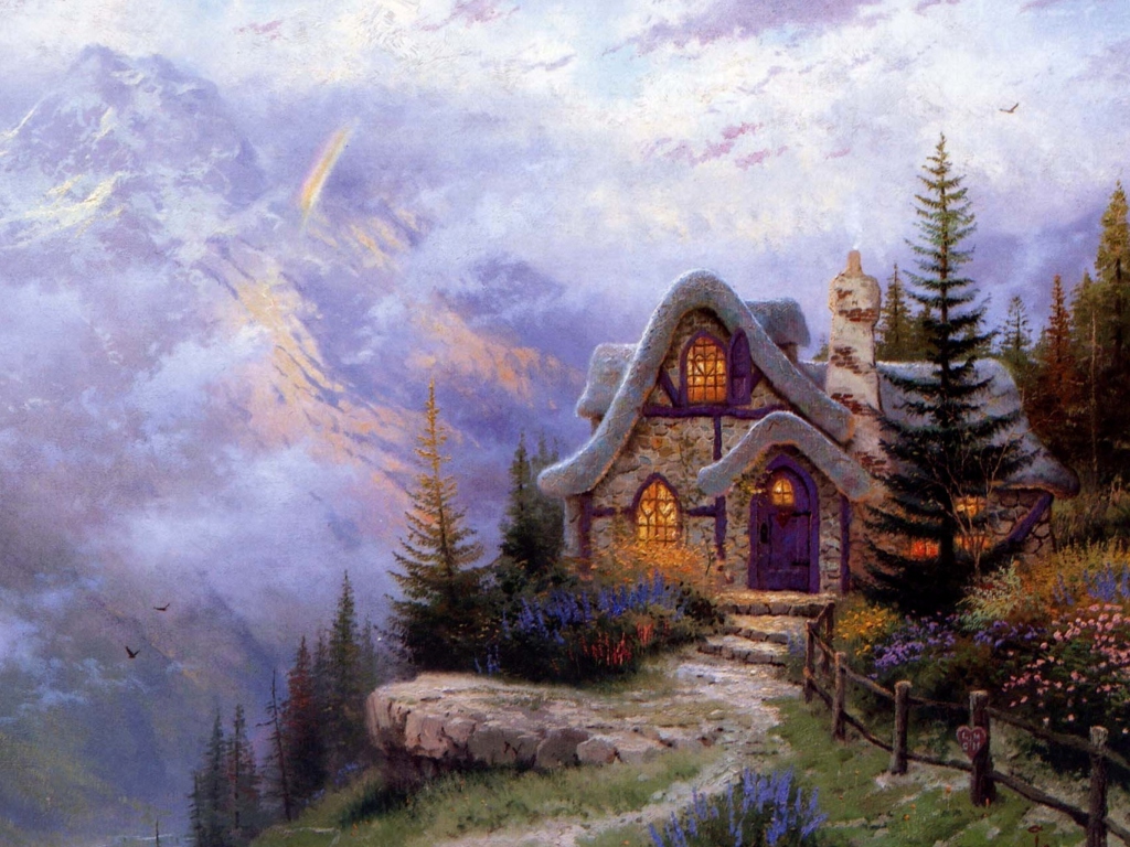 Sfondi Thomas Kinkade Sweetheart Cottage Painting 1024x768