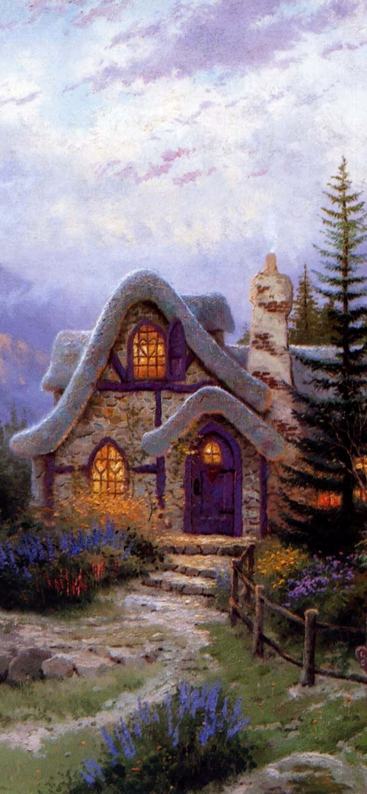 Sfondi Thomas Kinkade Sweetheart Cottage Painting 1170x2532