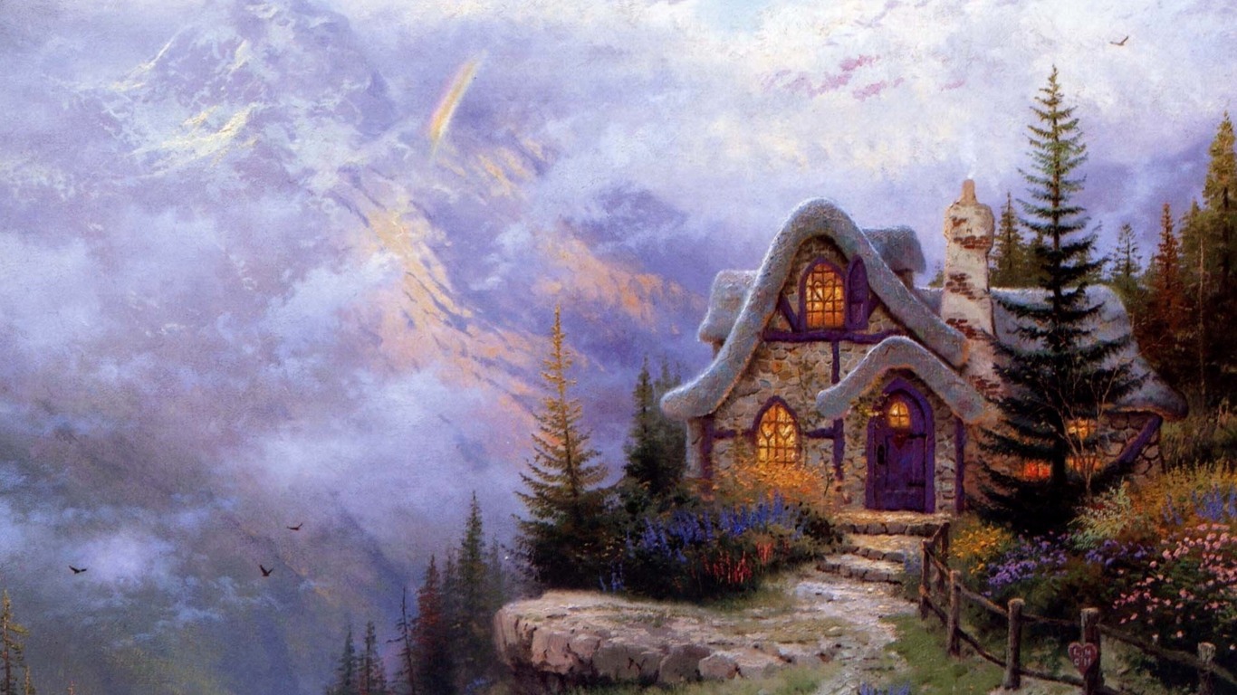 Sfondi Thomas Kinkade Sweetheart Cottage Painting 1366x768