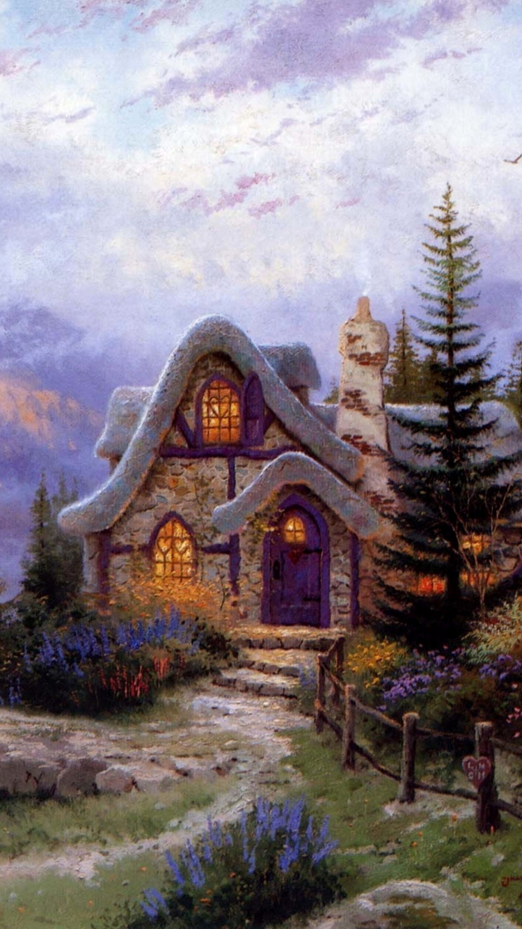 Sfondi Thomas Kinkade Sweetheart Cottage Painting 750x1334