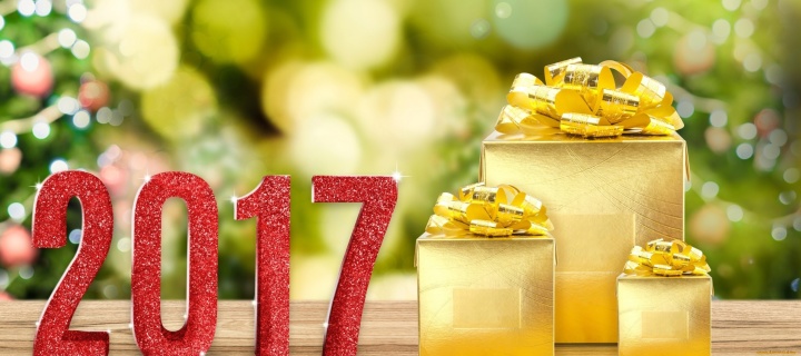 Fondo de pantalla 2017 New Year with Gold Gift 720x320