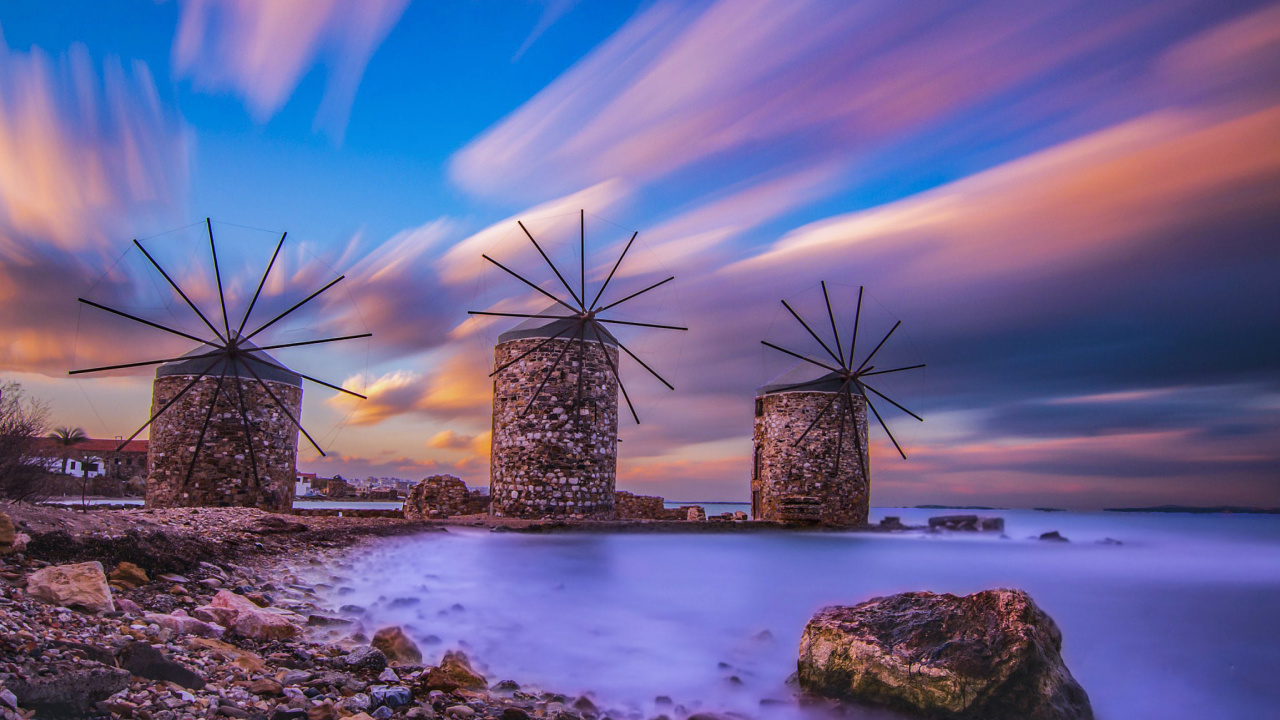 Windmills in Greece Mykonos wallpaper 1280x720