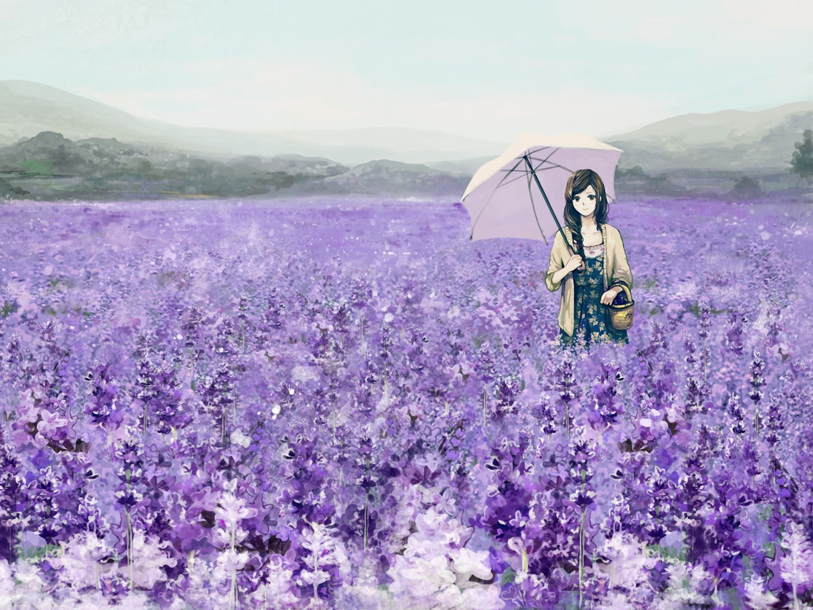 Fondo de pantalla Girl With Umbrella In Lavender Field 1600x1200