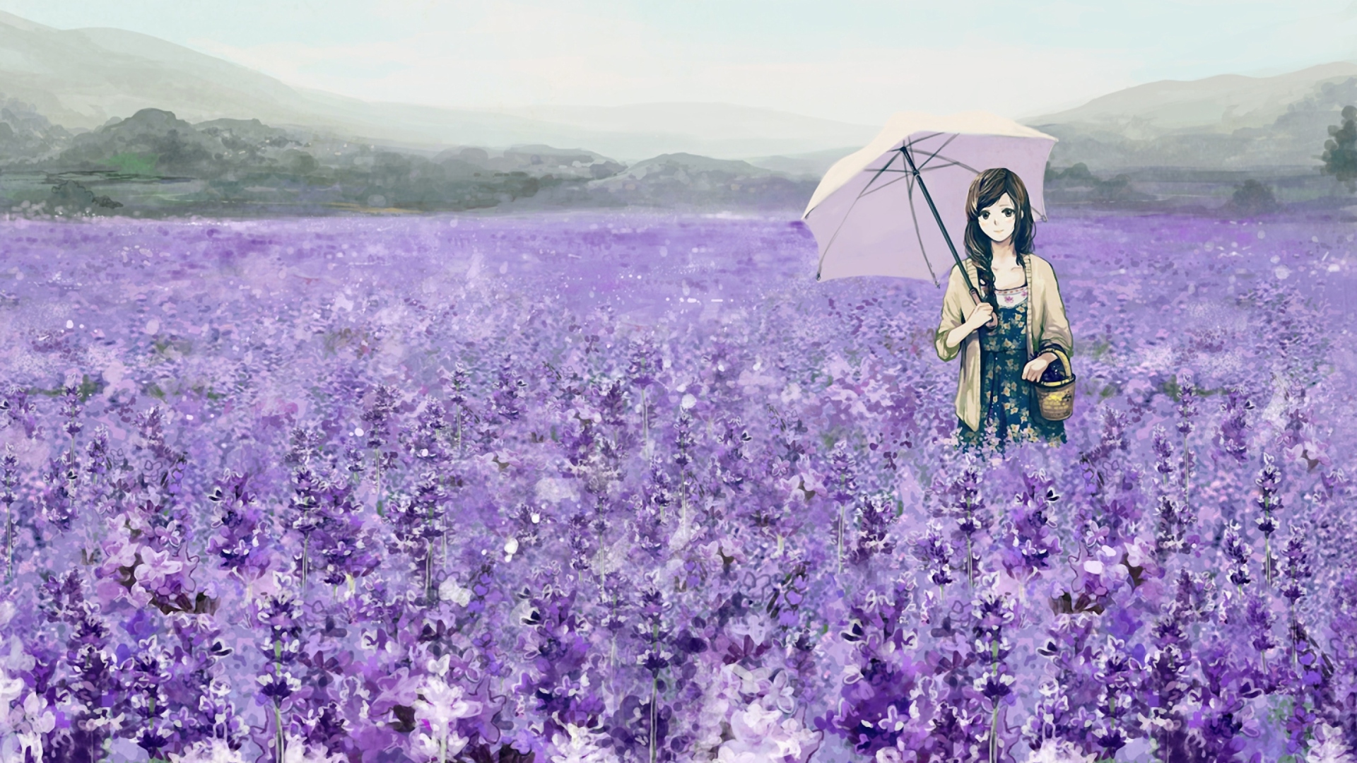 Sfondi Girl With Umbrella In Lavender Field 1920x1080