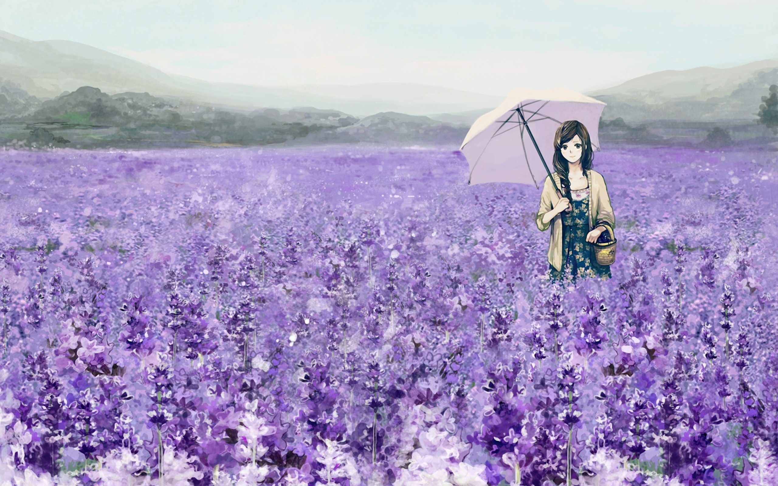 Girl With Umbrella In Lavender Field wallpaper 2560x1600