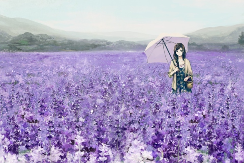 Screenshot №1 pro téma Girl With Umbrella In Lavender Field 480x320
