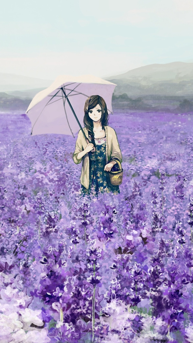 Sfondi Girl With Umbrella In Lavender Field 640x1136