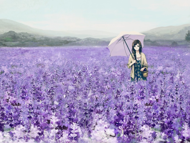 Screenshot №1 pro téma Girl With Umbrella In Lavender Field 640x480