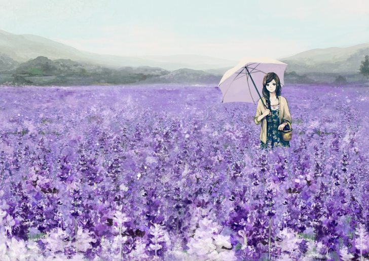 Girl With Umbrella In Lavender Field wallpaper