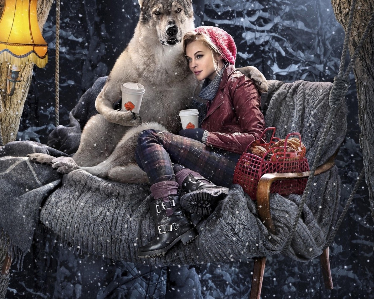 Обои Little Red Riding Hood with Wolf 1280x1024