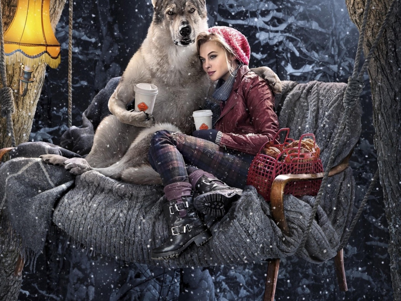 Обои Little Red Riding Hood with Wolf 1280x960