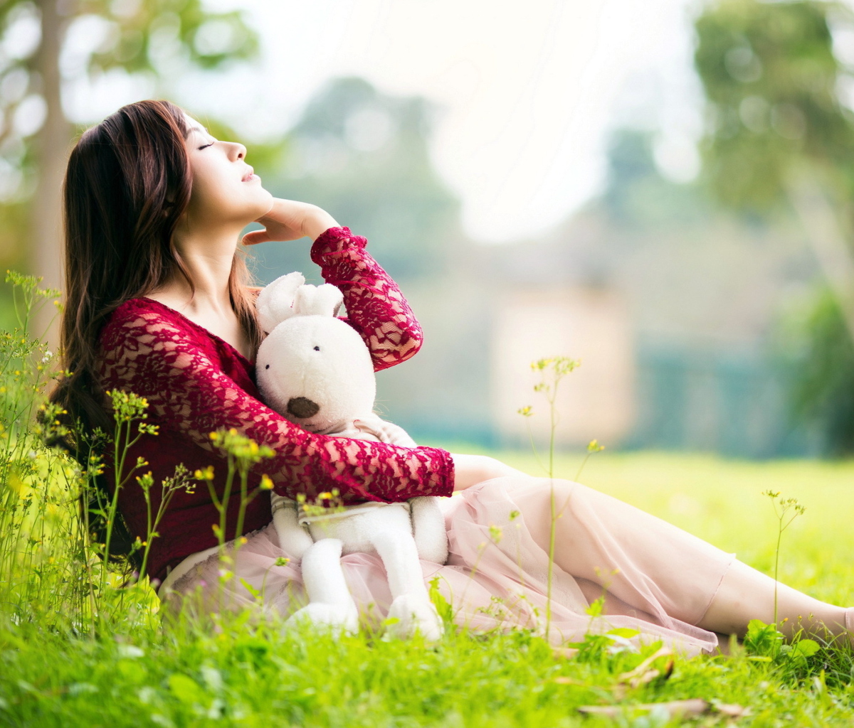 Cute Asian Girl With Plush Rabbit wallpaper 1200x1024