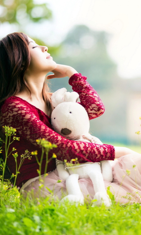 Cute Asian Girl With Plush Rabbit wallpaper 480x800