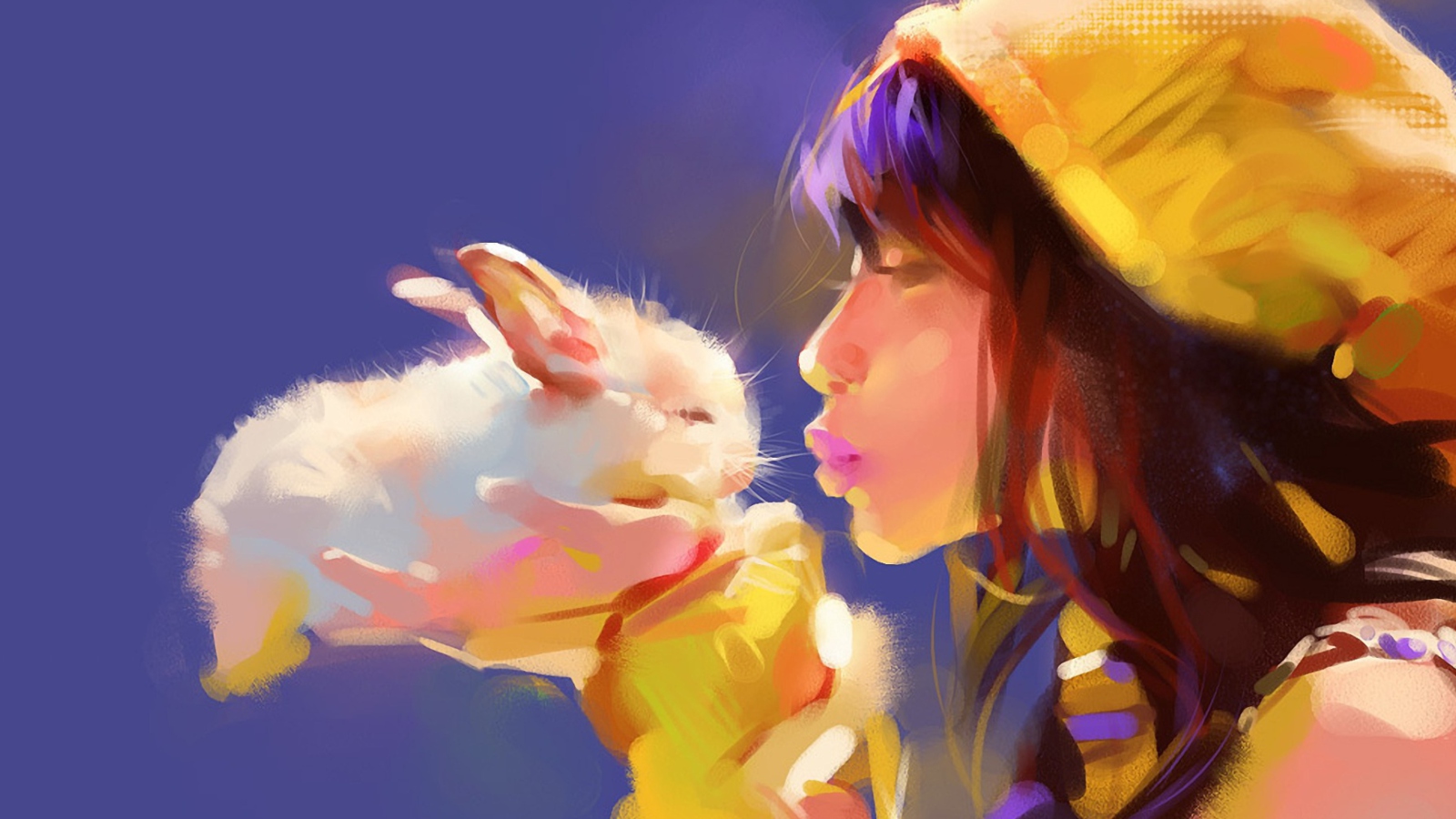 Fondo de pantalla Girl Kissing Rabbit Painting 1600x900