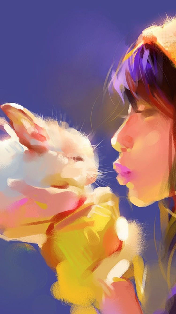 Girl Kissing Rabbit Painting wallpaper 750x1334