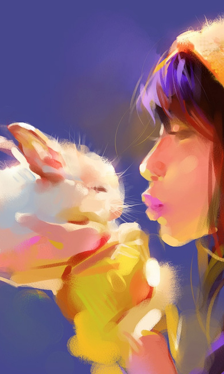Das Girl Kissing Rabbit Painting Wallpaper 768x1280
