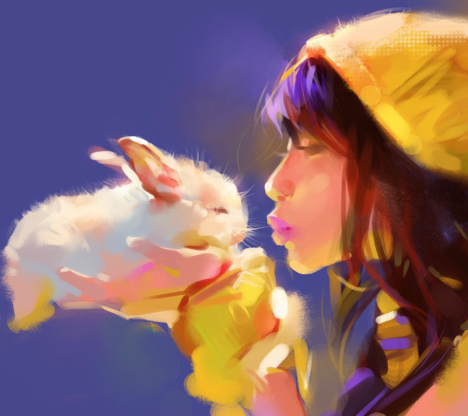 Das Girl Kissing Rabbit Painting Wallpaper 960x854