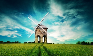 Old Mill In Field Background for Android, iPhone and iPad