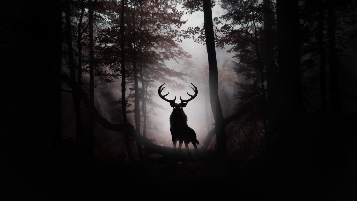 Das Deer In Dark Forest Wallpaper 1366x768