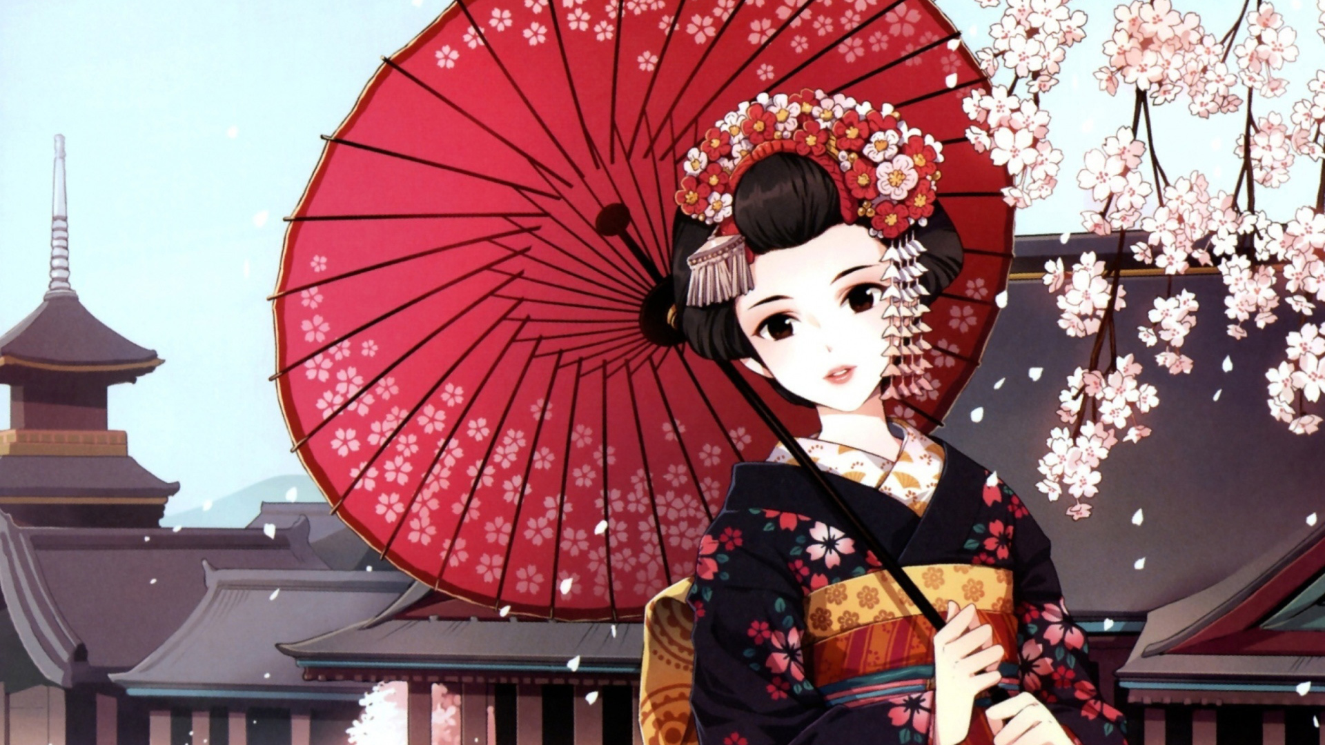 Japanese Girl With Umbrella wallpaper 1920x1080