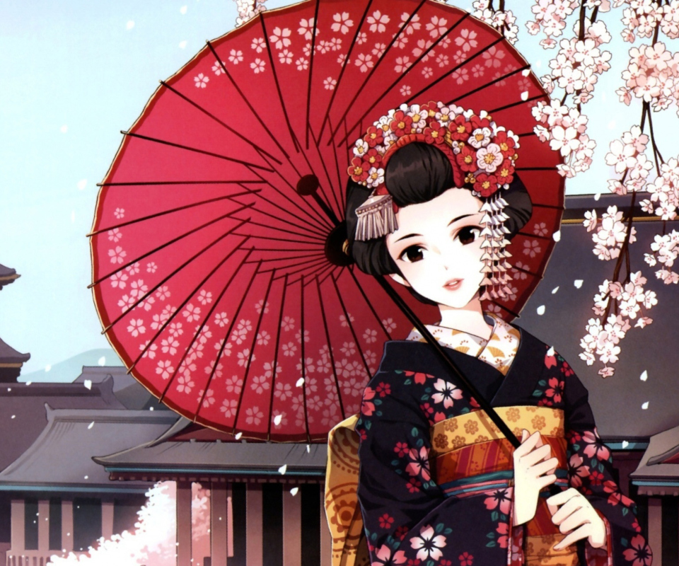 Обои Japanese Girl With Umbrella 960x800