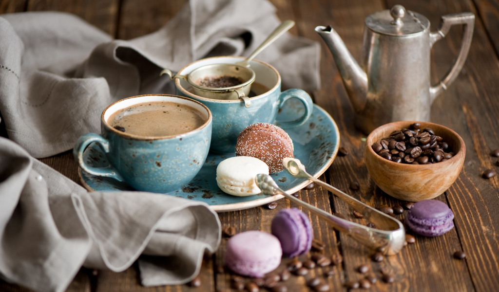 Vintage Coffee Cups And Macarons wallpaper 1024x600