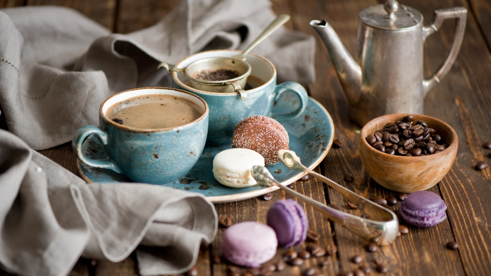 Das Vintage Coffee Cups And Macarons Wallpaper 1600x900