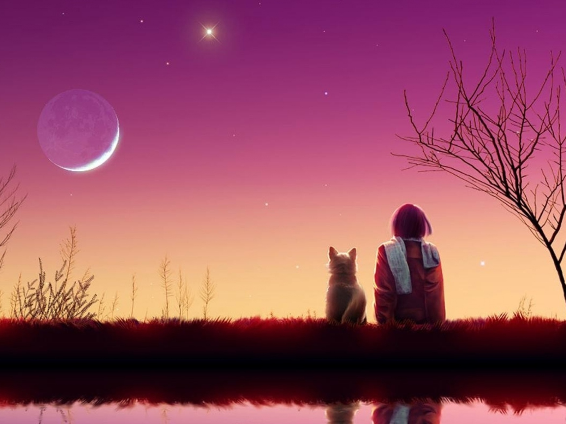 Screenshot №1 pro téma Girl And Cat Looking At Pink Sky 1152x864