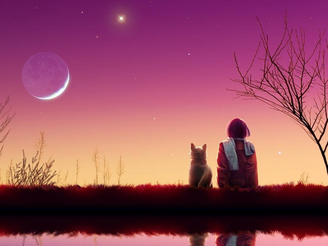 Screenshot №1 pro téma Girl And Cat Looking At Pink Sky 1280x960