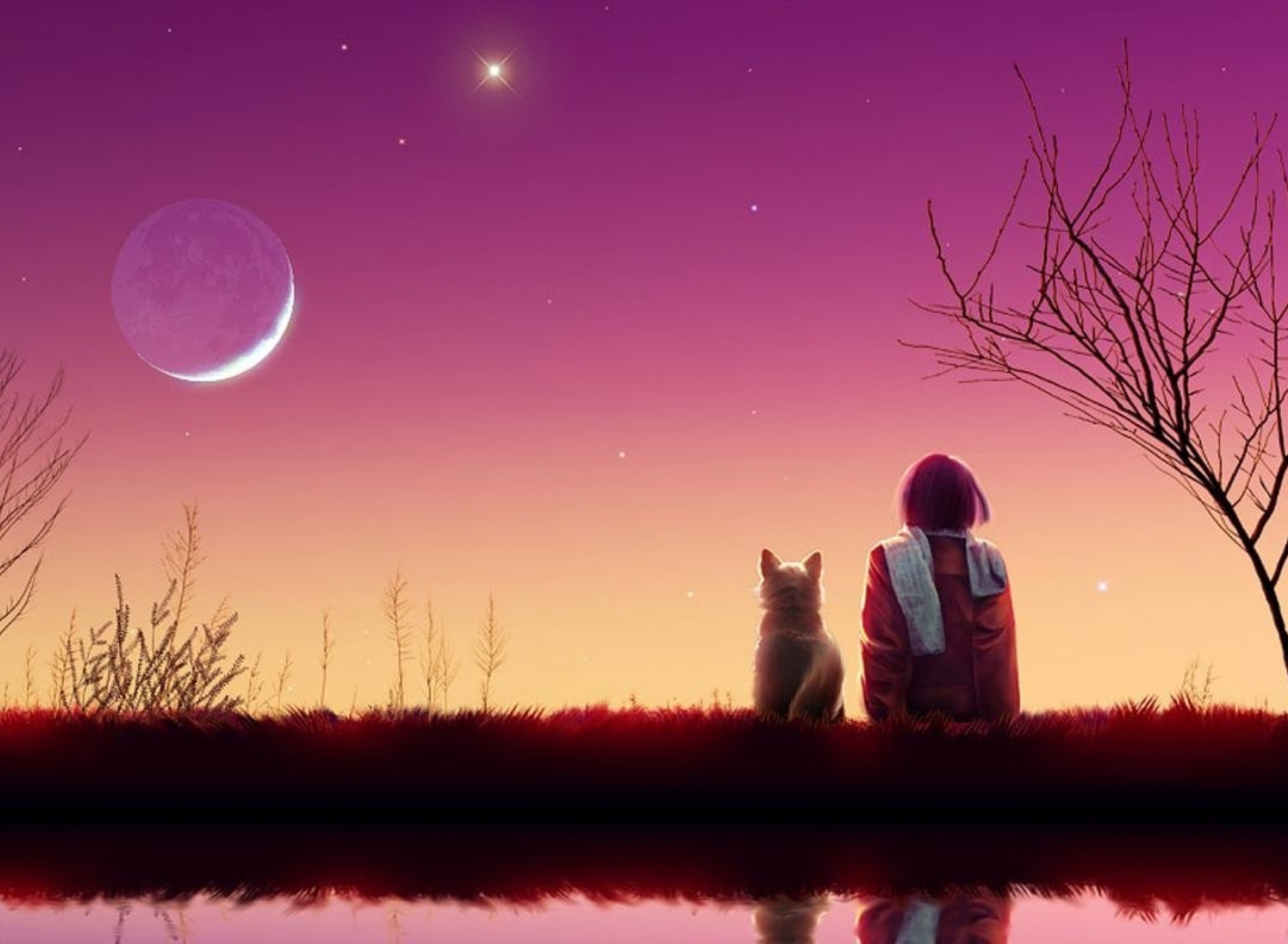 Das Girl And Cat Looking At Pink Sky Wallpaper 1920x1408