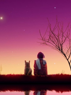 Screenshot №1 pro téma Girl And Cat Looking At Pink Sky 240x320