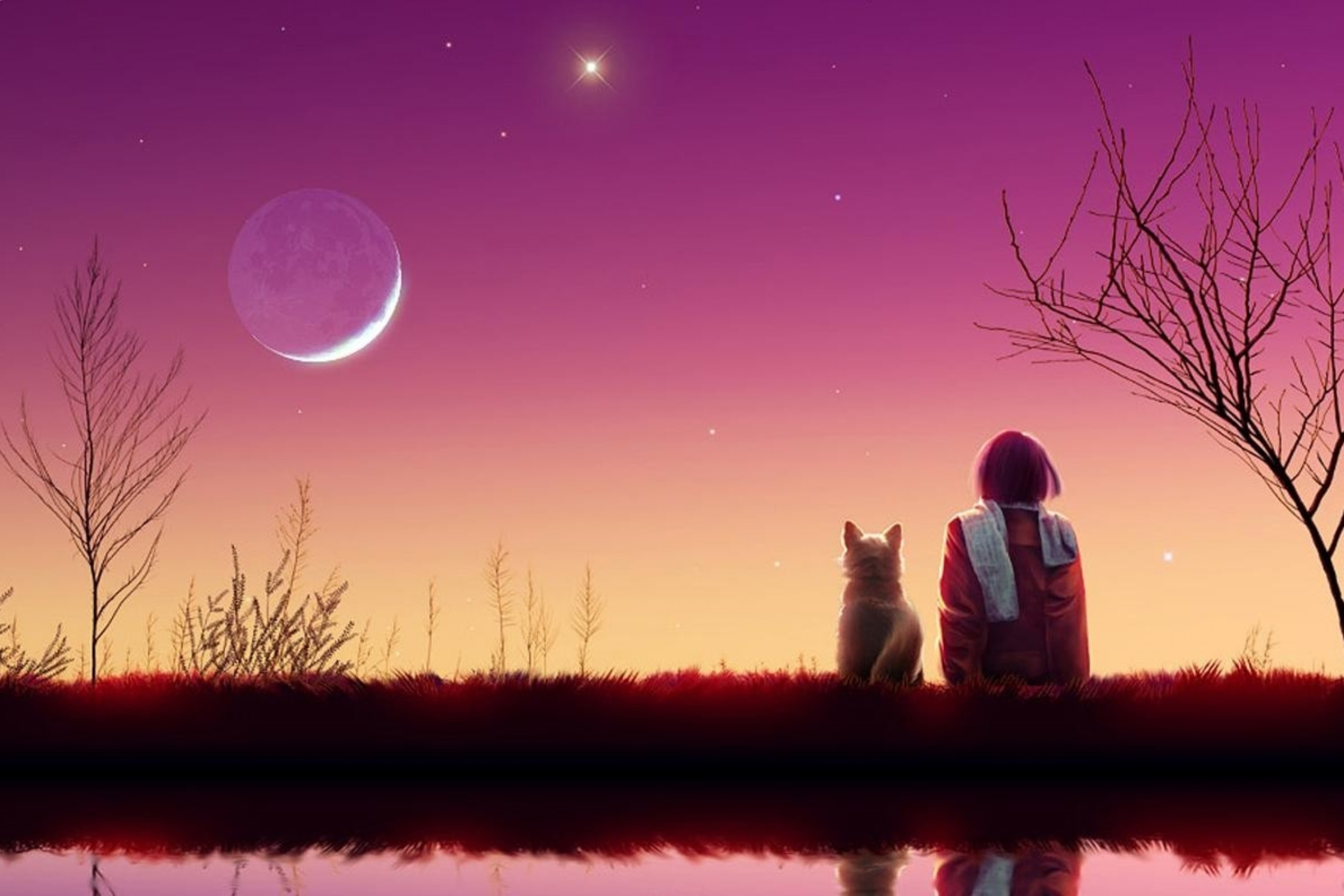 Screenshot №1 pro téma Girl And Cat Looking At Pink Sky 2880x1920
