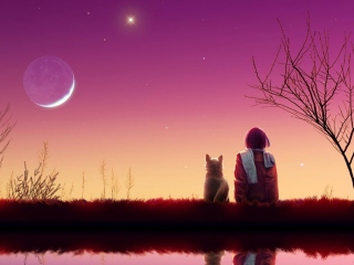 Screenshot №1 pro téma Girl And Cat Looking At Pink Sky 320x240