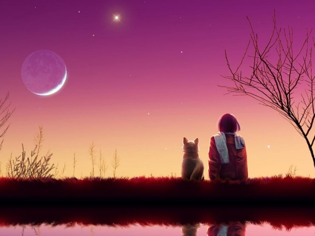 Girl And Cat Looking At Pink Sky screenshot #1 640x480