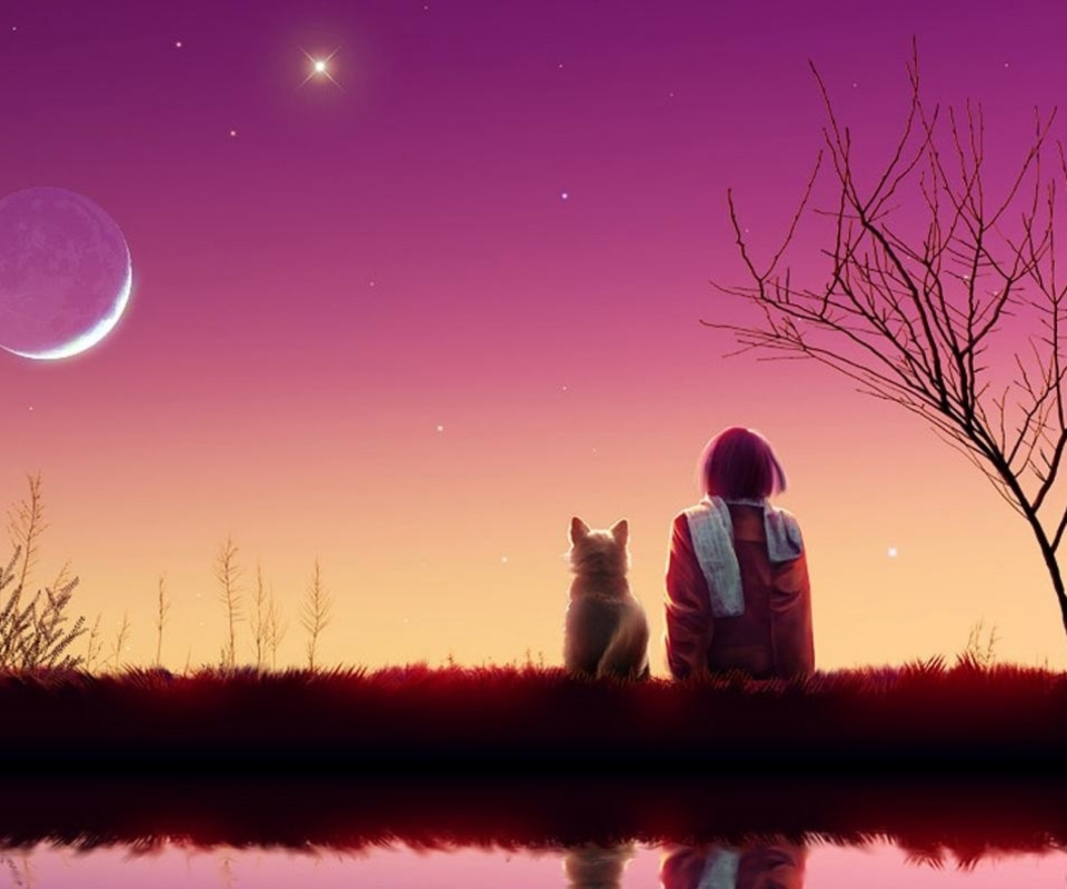 Обои Girl And Cat Looking At Pink Sky 960x800