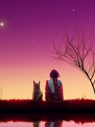 Girl And Cat Looking At Pink Sky - Obrázkek zdarma pro Nokia Asha 503