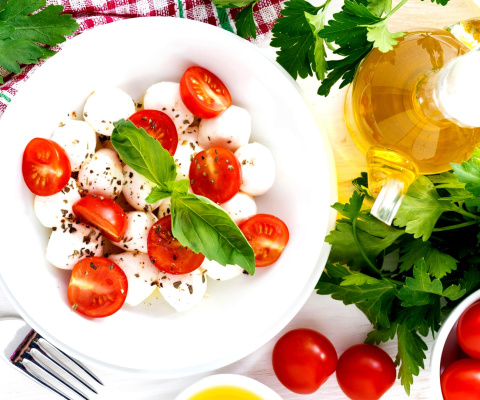 Salat, basil, parsley, mozzarella, tomatoes wallpaper 480x400
