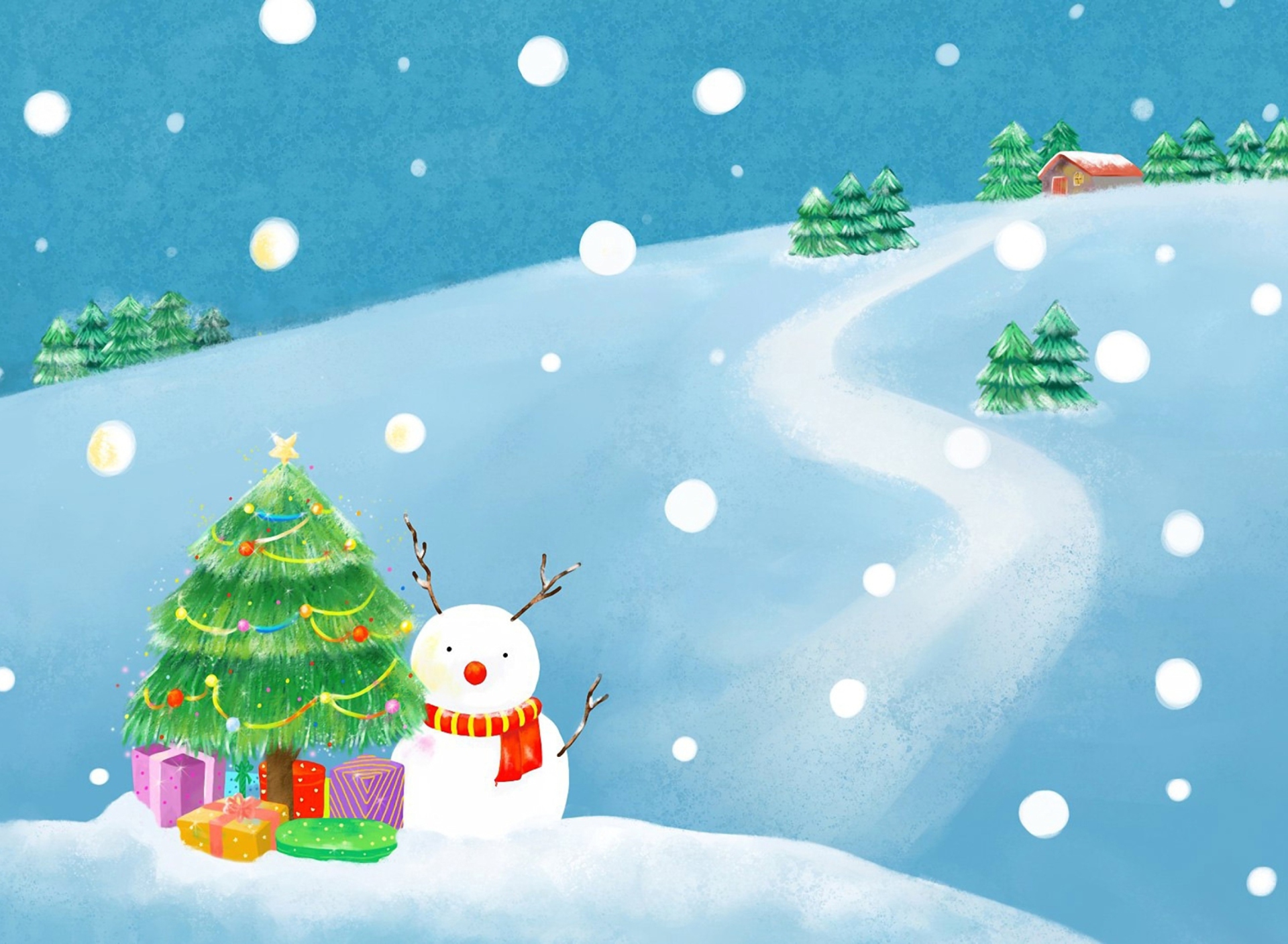 Das Christmas Tree And Snowman Wallpaper 1920x1408