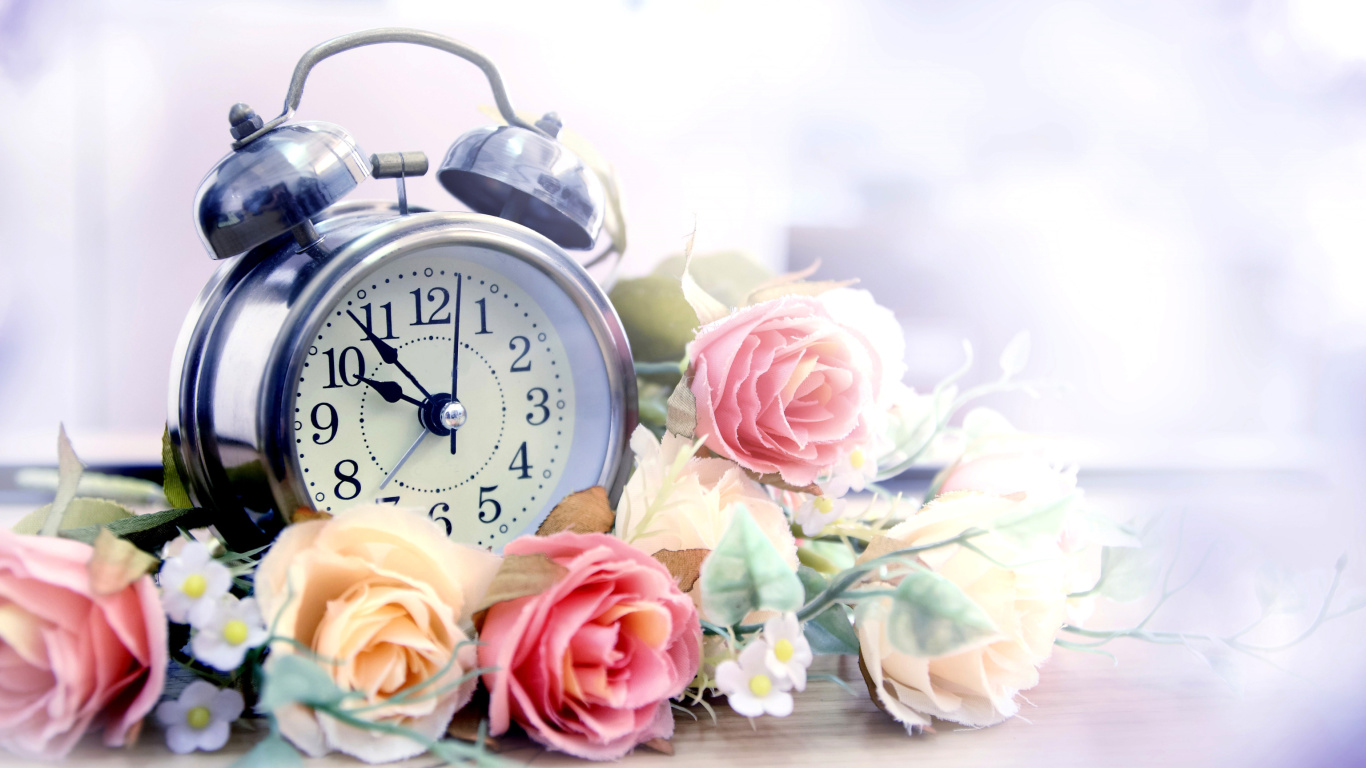 Fondo de pantalla Alarm Clock with Roses 1366x768