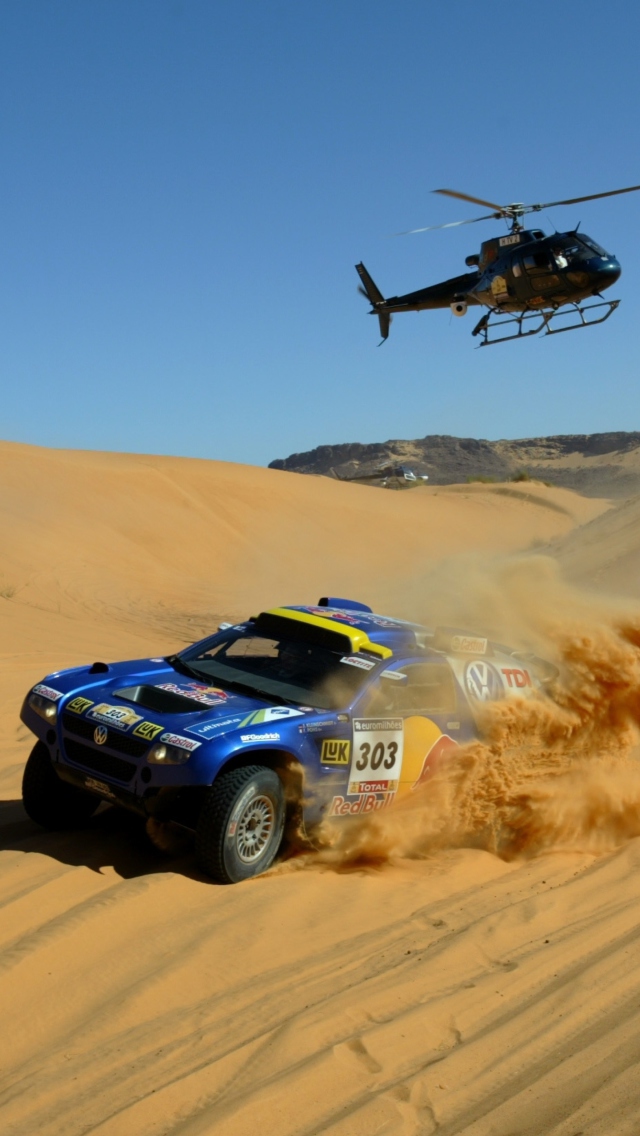 Fondo de pantalla Volkswagen Touareg Dakar Rally Helicopter Race 640x1136