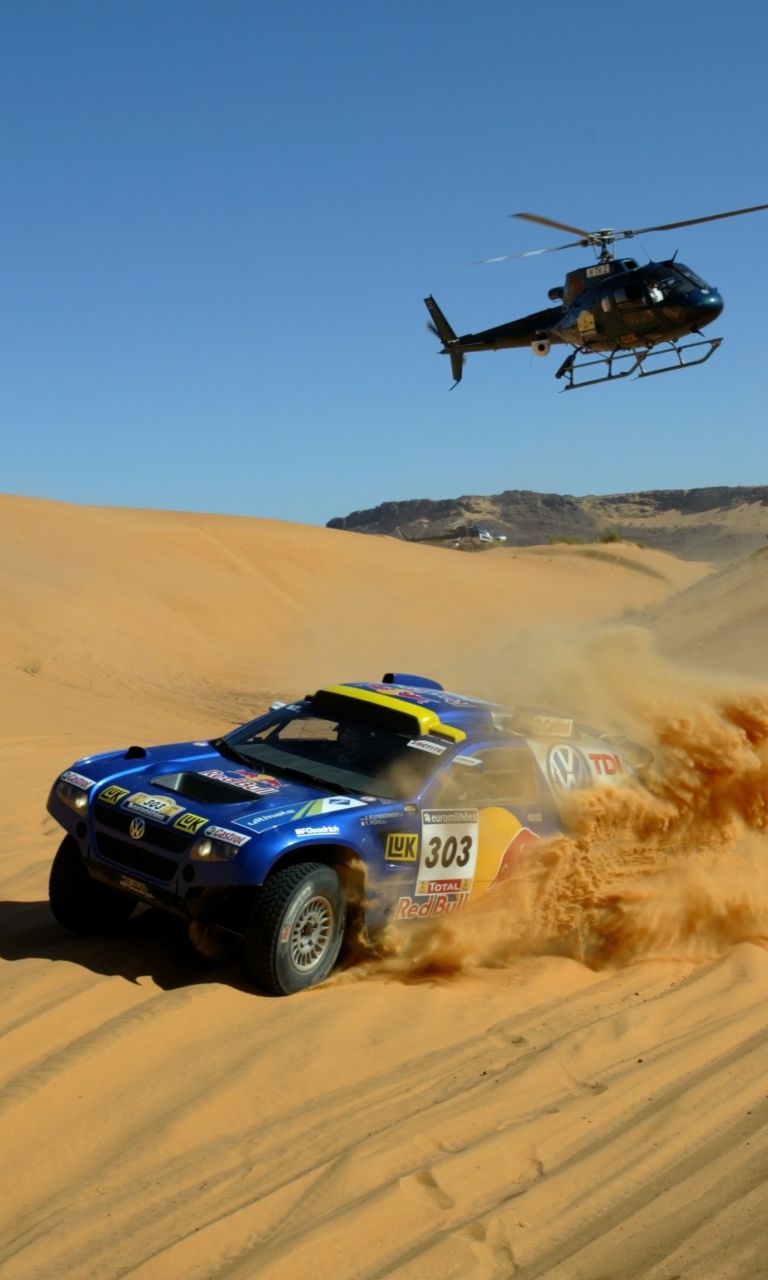 Volkswagen Touareg Dakar Rally Helicopter Race wallpaper 768x1280