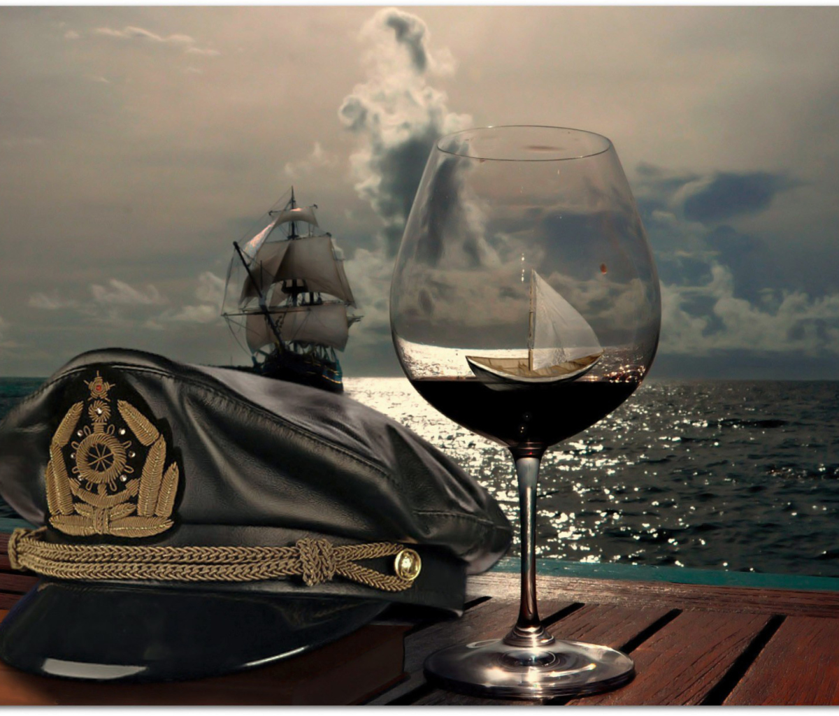 Обои Ships In Sea And In Wine Glass 1200x1024