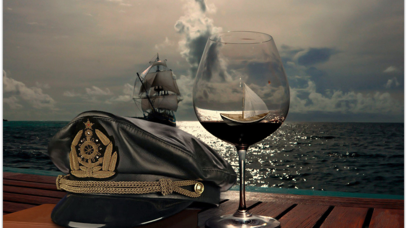 Ships In Sea And In Wine Glass wallpaper 1366x768
