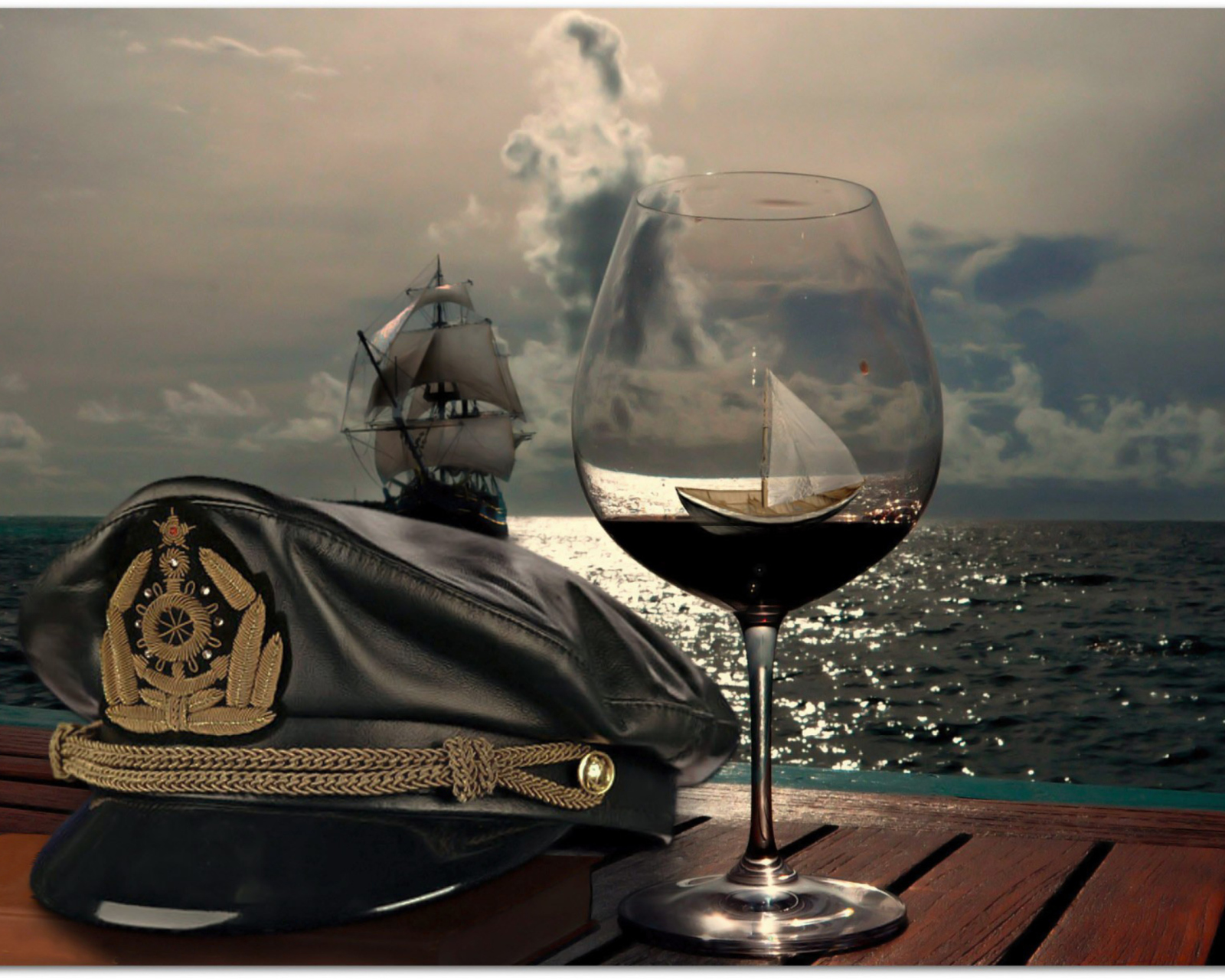 Fondo de pantalla Ships In Sea And In Wine Glass 1600x1280